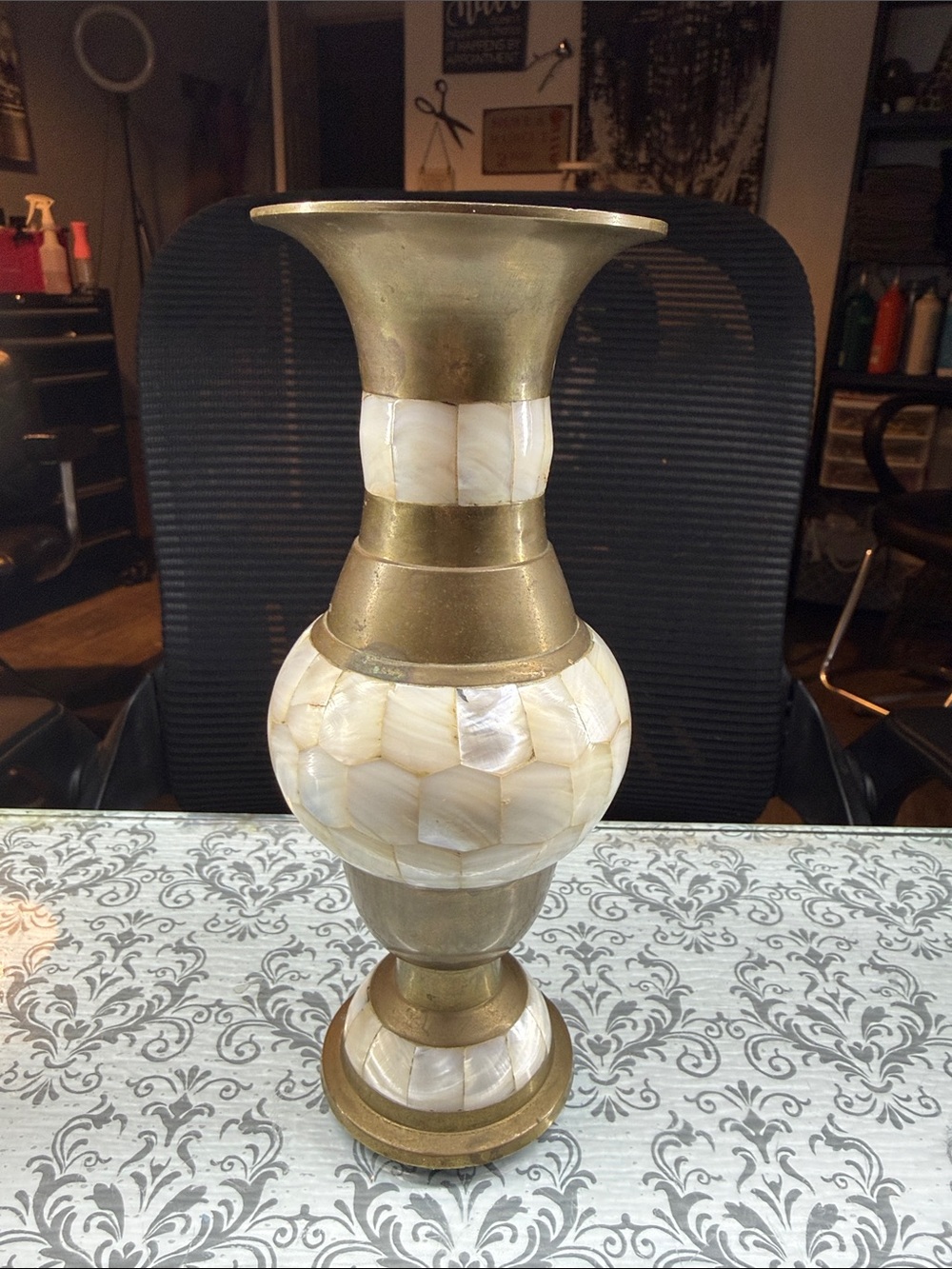 Vintage Brass and Mother-of-Pearl Accent Vase - White and Gold